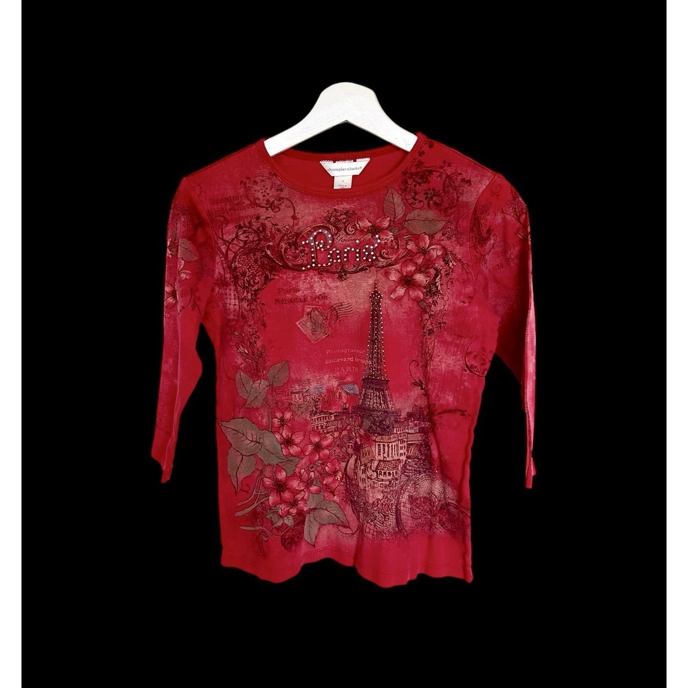 Vintage Y2K Christopher & Banks Paris Eiffel Long Sleeve Shirt Small Euro Bling